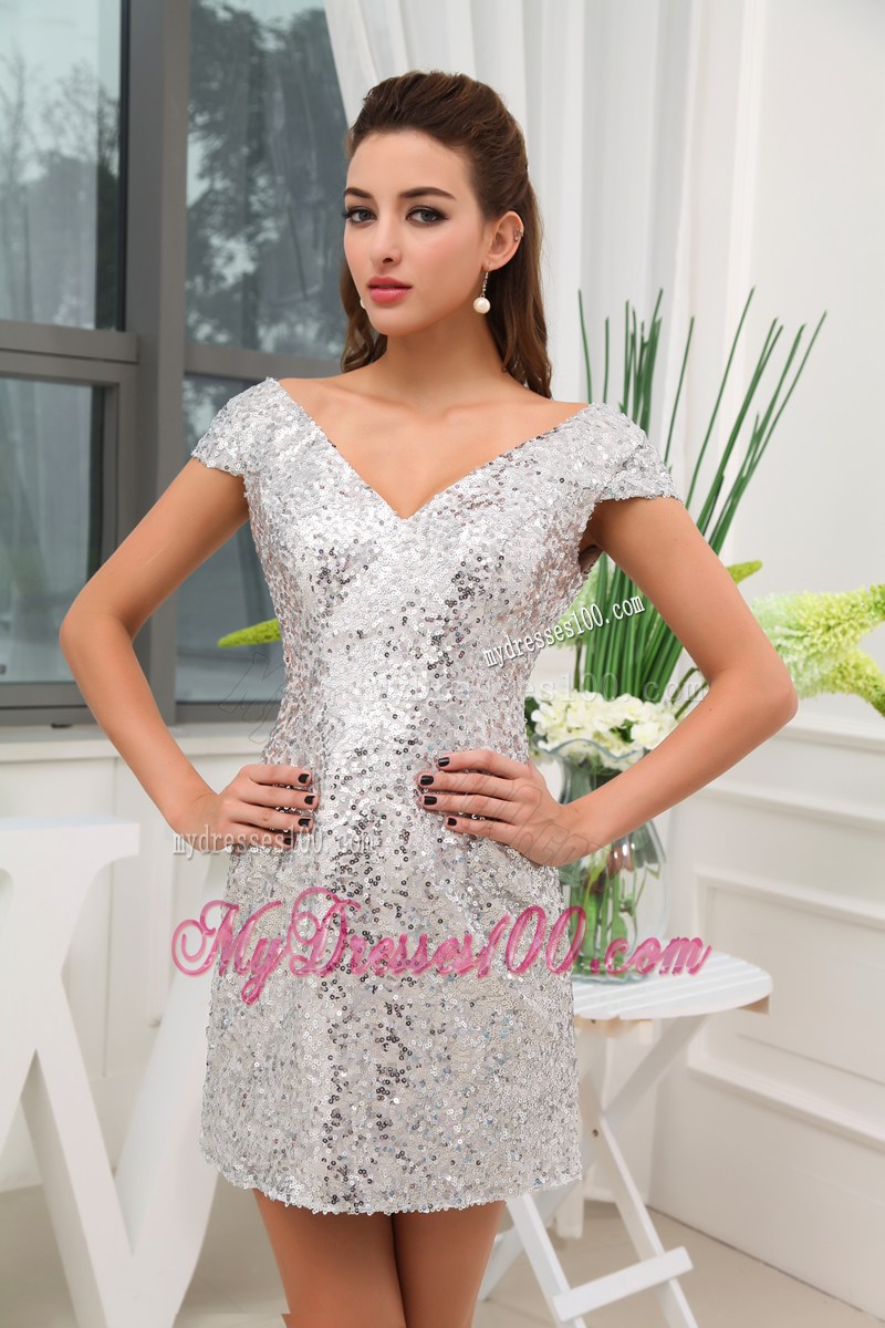 Sequin Mini-length V-neck Cap Sleeves Prom Dress