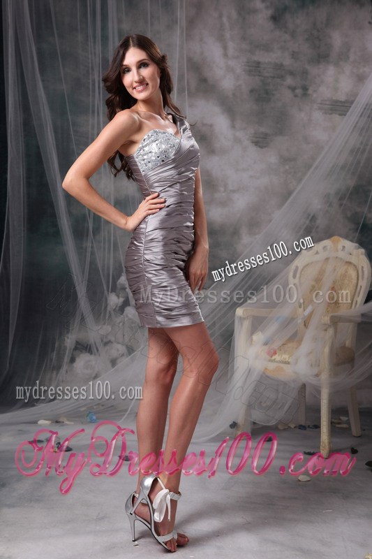 Cheap Gray Column One Shoulder Beading Short Nightclub Dress