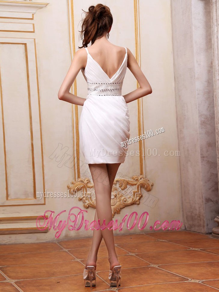 Short White Nightclub Dress with Beaded Decorate Waist and Straps
