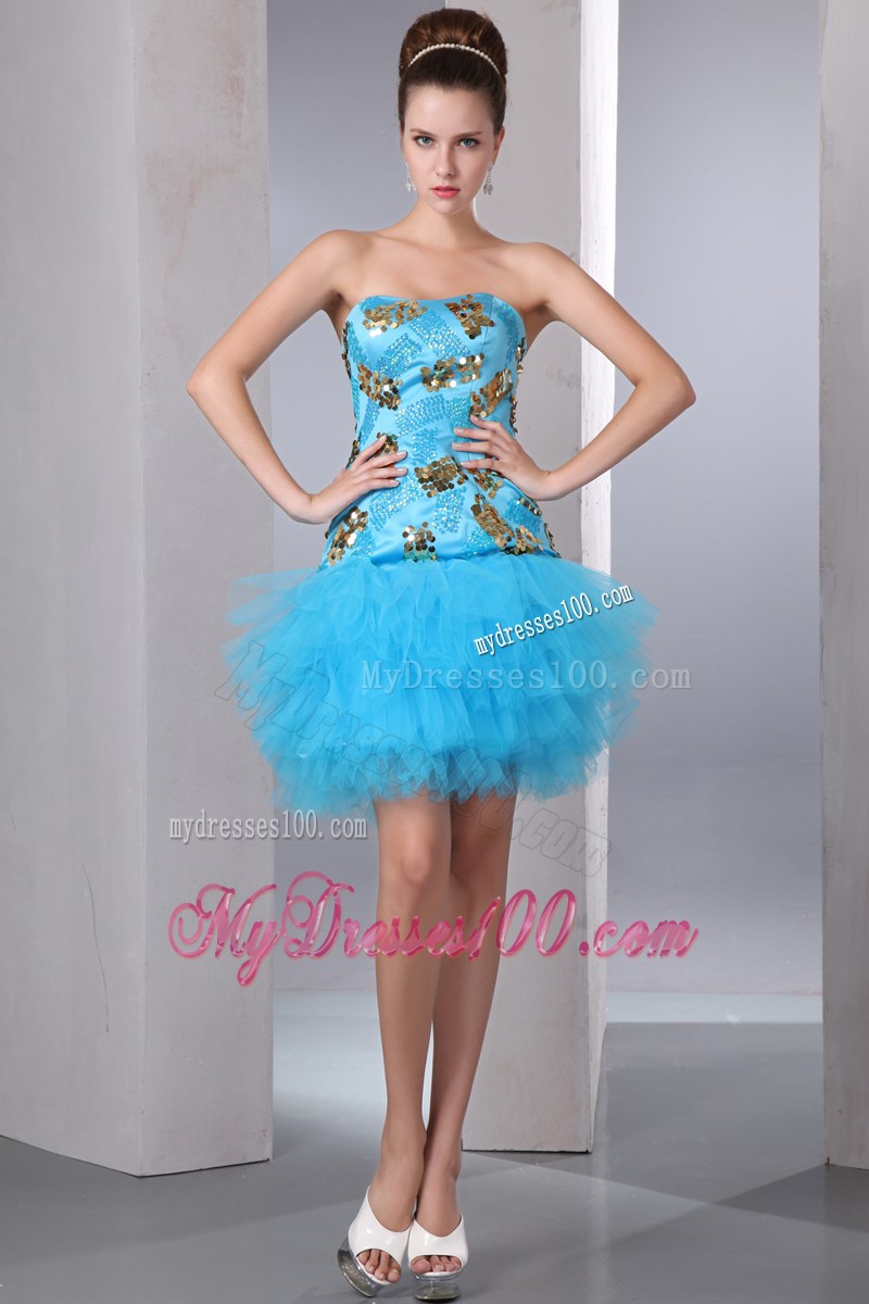 Aqua Blue Strapless Short Sequins Mini-length Nightclub Dress