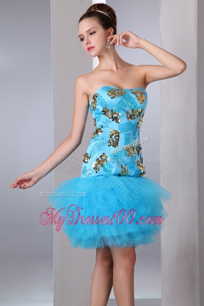 Aqua Blue Strapless Short Sequins Mini-length Nightclub Dress