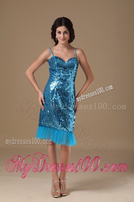 Teal Column Straps Knee-length Sequin Beading Prom Dress