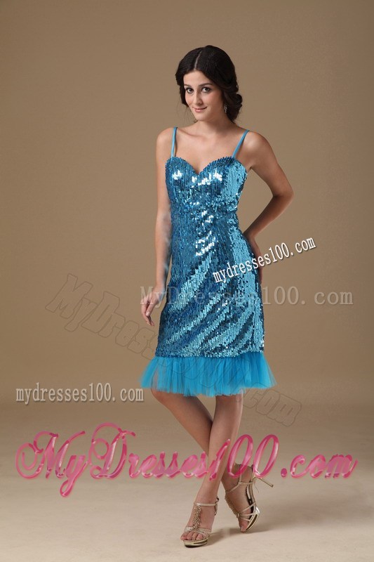 Teal Column Straps Knee-length Sequin Beading Prom Dress