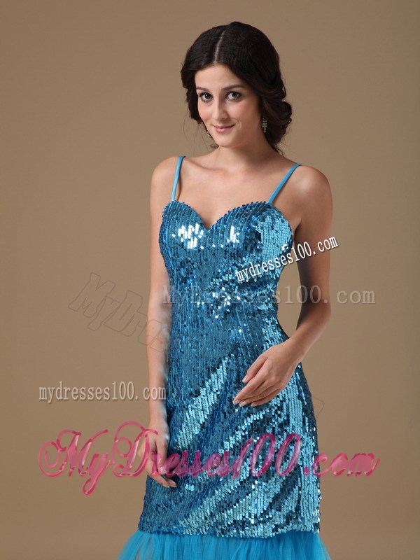 Teal Column Straps Knee-length Sequin Beading Prom Dress