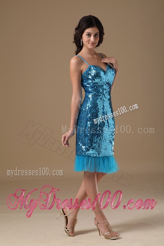 Teal Column Straps Knee-length Sequin Beading Prom Dress