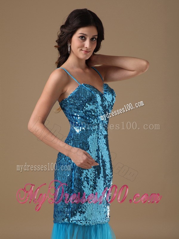 Teal Column Straps Knee-length Sequin Beading Prom Dress