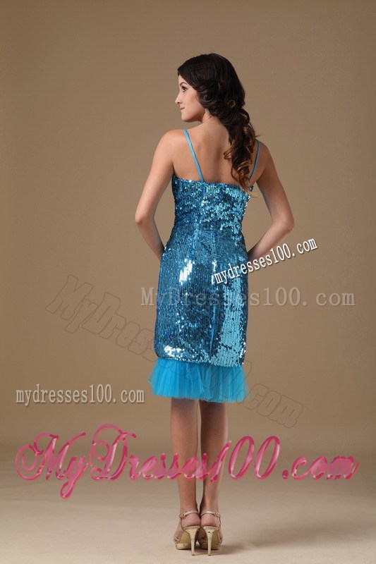 Teal Column Straps Knee-length Sequin Beading Prom Dress