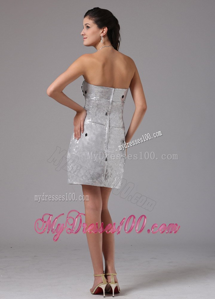 Sliver Rhinestones Decorate Bust Nightclub Dress With Mini-length