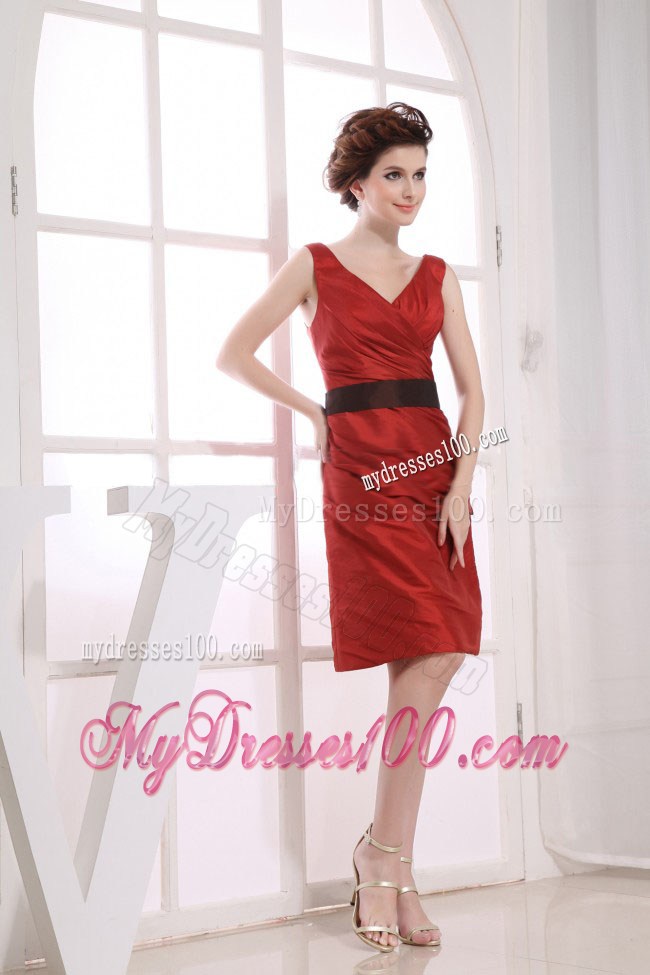V-neck Wine Red Black Sash Knee-length 2013 Nightclub Dress