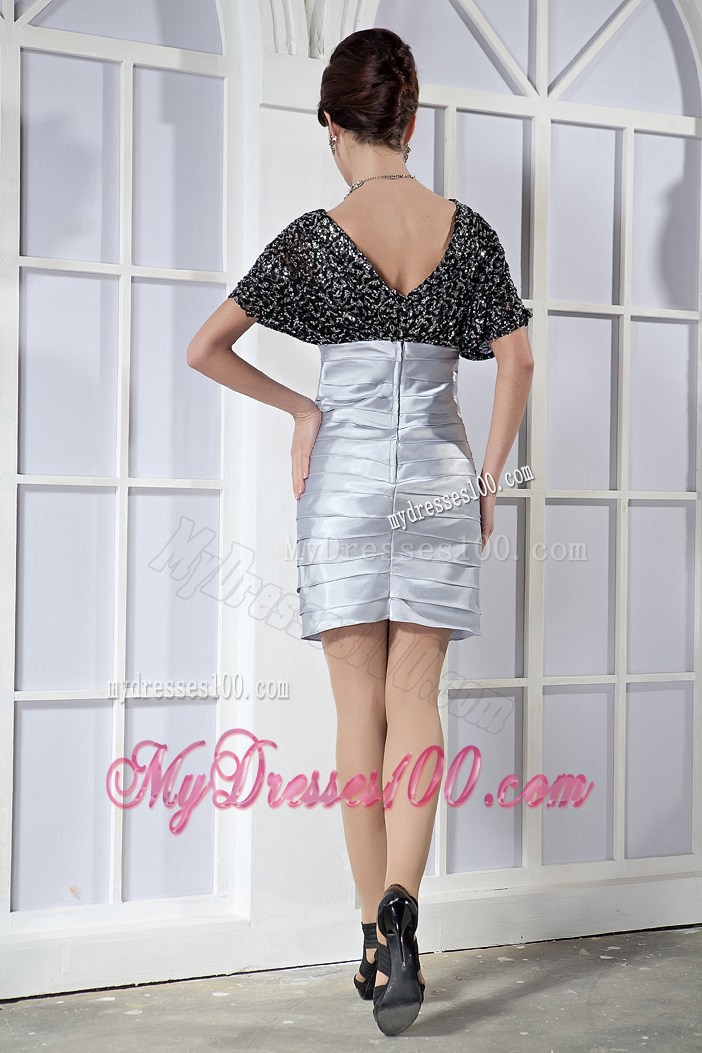 Black and Silver Column V-neck Mini-length Sequins Nightclub Dress