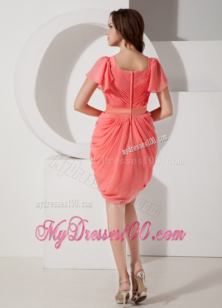 V-neck Watermelon Knee-length Nightclub Dress with Short Sleeves
