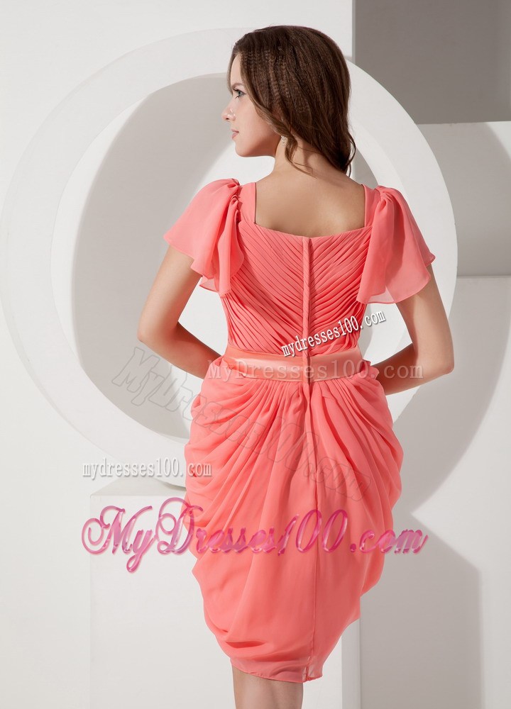 V-neck Watermelon Knee-length Nightclub Dress with Short Sleeves