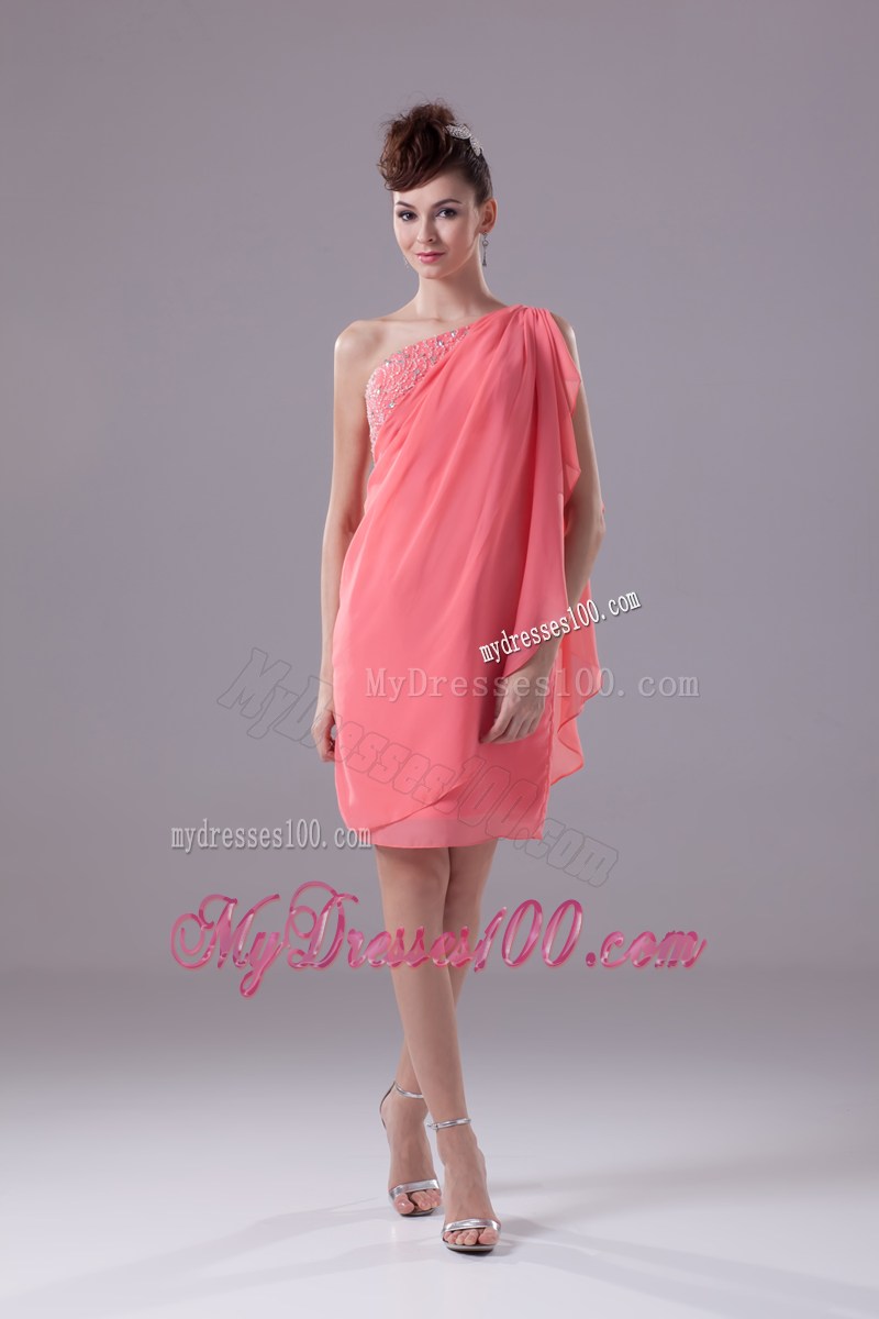 Watermelon Beading One Shoulder Knee-length Prom Dress