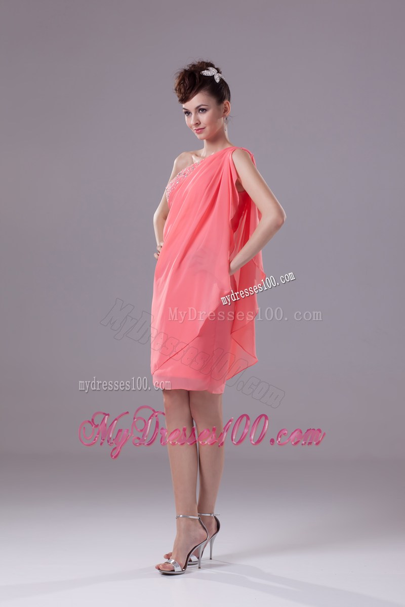Watermelon Beading One Shoulder Knee-length Prom Dress