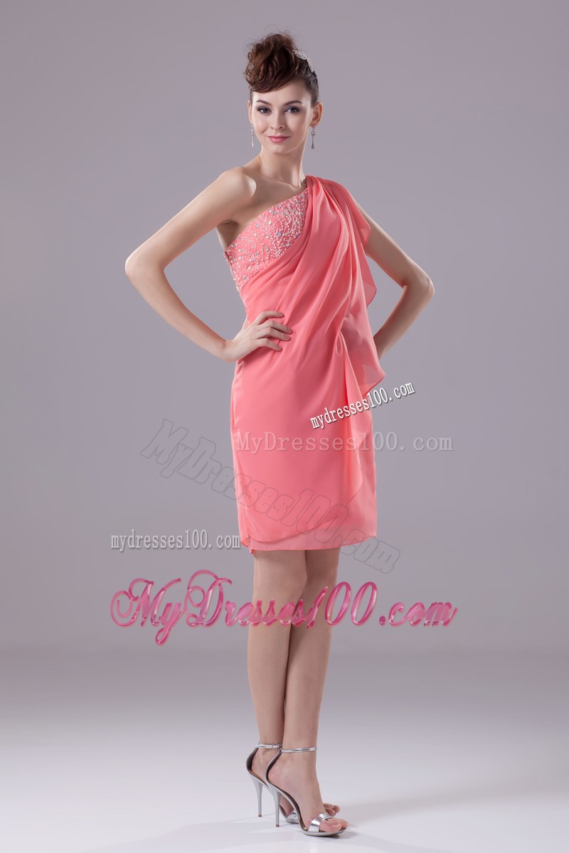 Watermelon Beading One Shoulder Knee-length Prom Dress