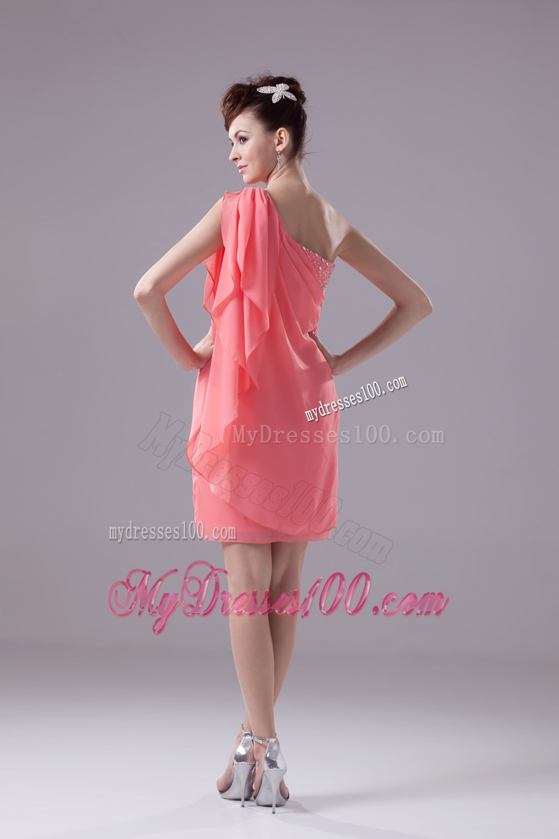 Watermelon Beading One Shoulder Knee-length Prom Dress