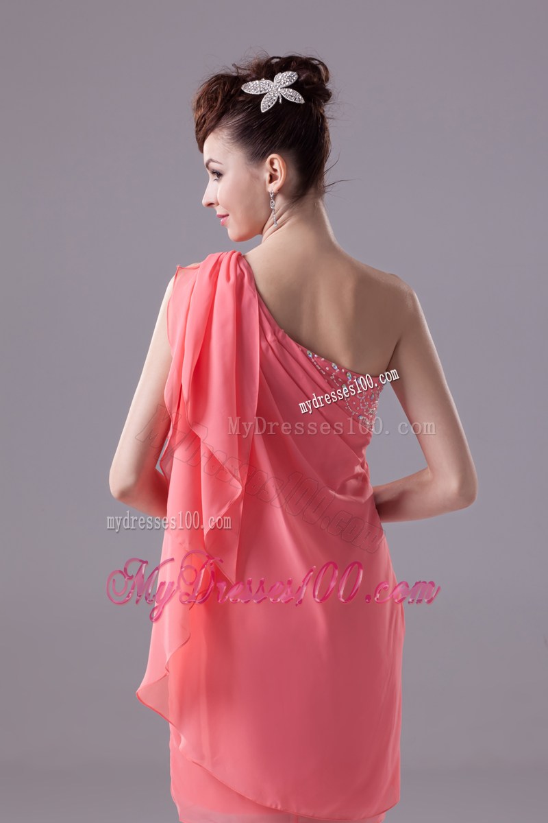 Watermelon Beading One Shoulder Knee-length Prom Dress