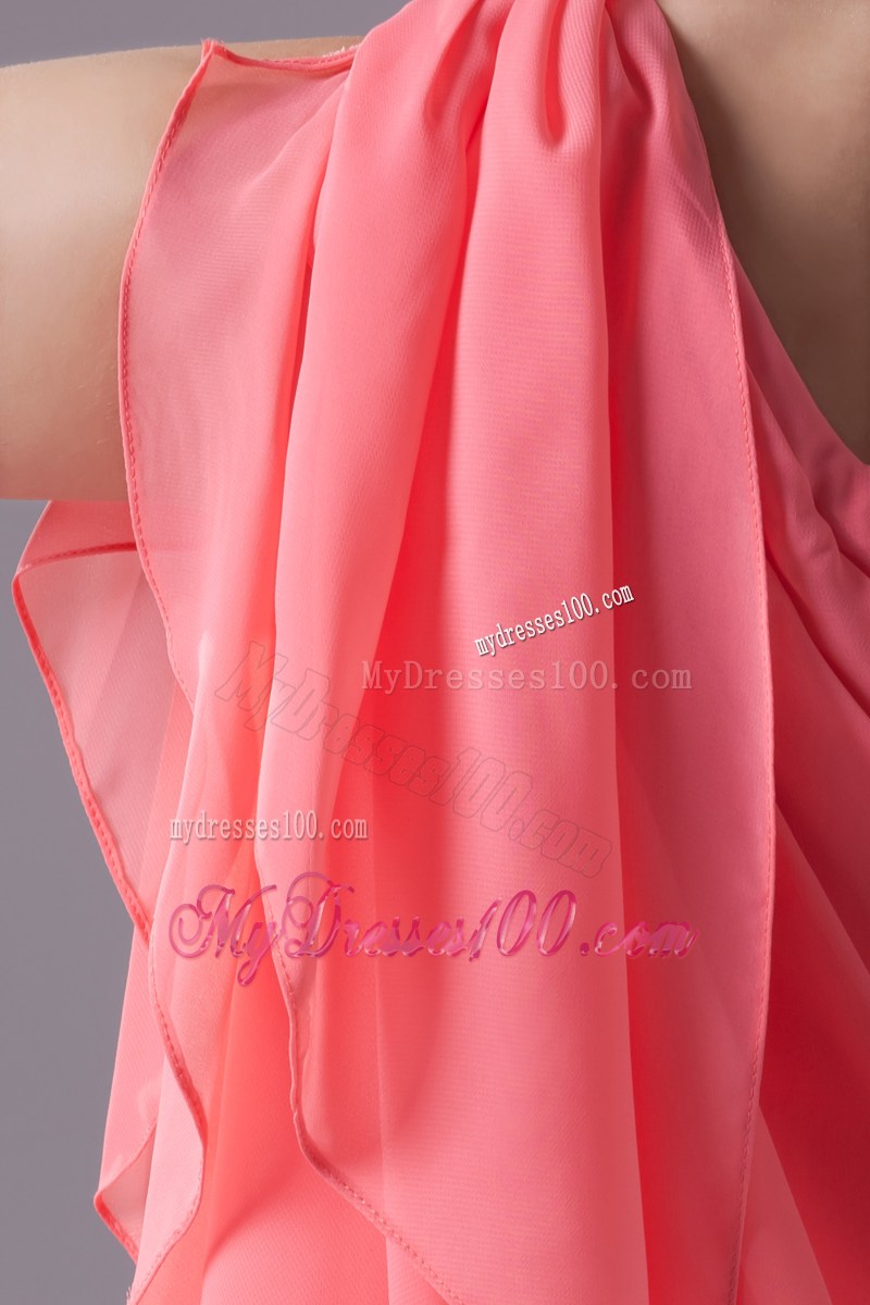 Watermelon Beading One Shoulder Knee-length Prom Dress