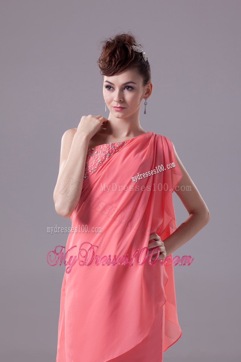 Watermelon Beading One Shoulder Knee-length Prom Dress