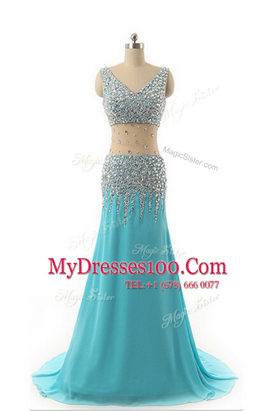 Custom Made A-line Prom Party Dress Aqua Blue V-neck Chiffon Sleeveless Asymmetrical Zipper