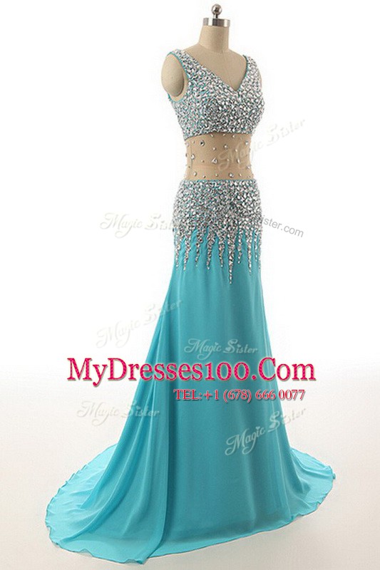 Custom Made A-line Prom Party Dress Aqua Blue V-neck Chiffon Sleeveless Asymmetrical Zipper