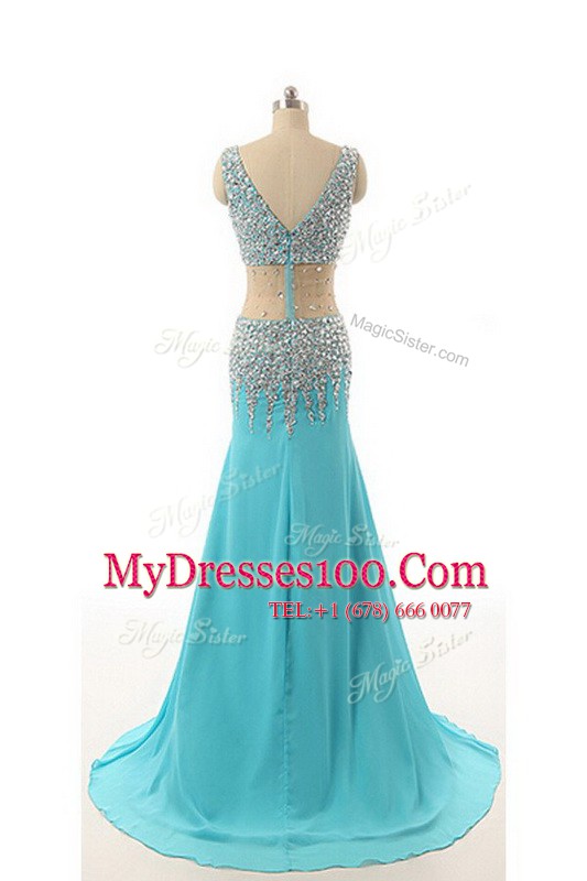 Custom Made A-line Prom Party Dress Aqua Blue V-neck Chiffon Sleeveless Asymmetrical Zipper