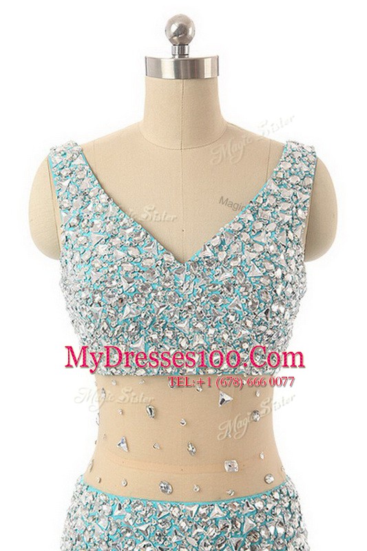 Custom Made A-line Prom Party Dress Aqua Blue V-neck Chiffon Sleeveless Asymmetrical Zipper
