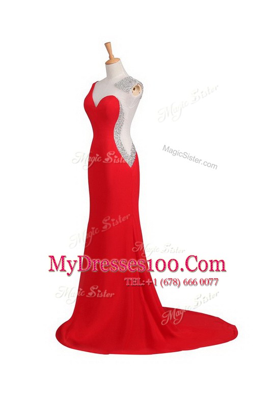 Comfortable One Shoulder A-line Sleeveless Coral Red Evening Dress Court Train Backless