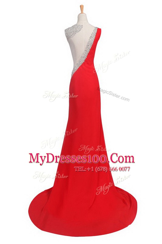 Comfortable One Shoulder A-line Sleeveless Coral Red Evening Dress Court Train Backless