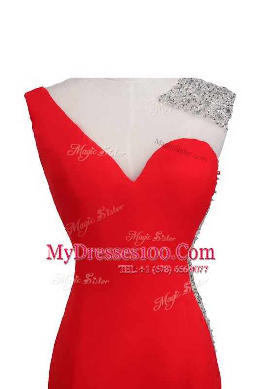 Comfortable One Shoulder A-line Sleeveless Coral Red Evening Dress Court Train Backless