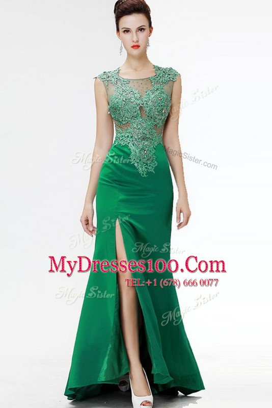 Comfortable Dark Green A-line Beading and Appliques Homecoming Dress Zipper Satin Sleeveless Floor Length