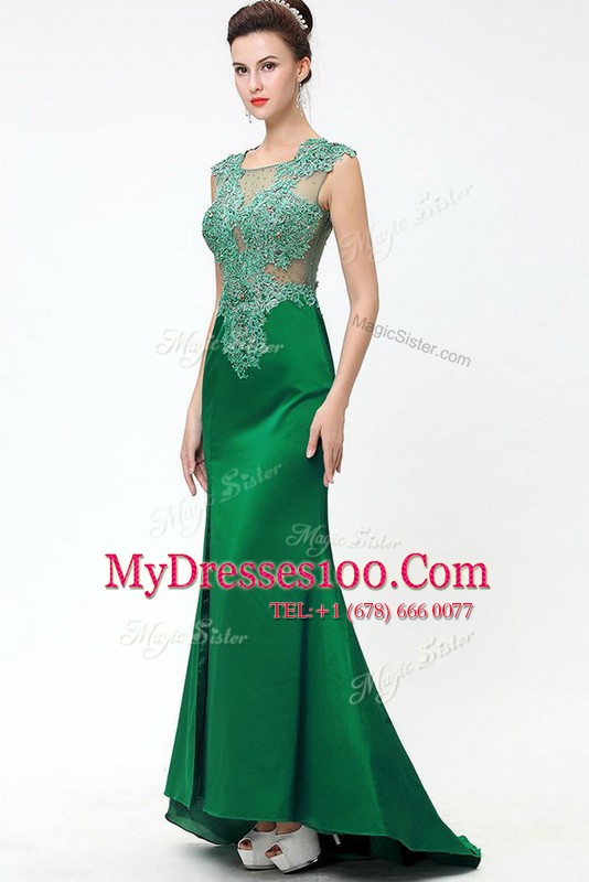 Comfortable Dark Green A-line Beading and Appliques Homecoming Dress Zipper Satin Sleeveless Floor Length