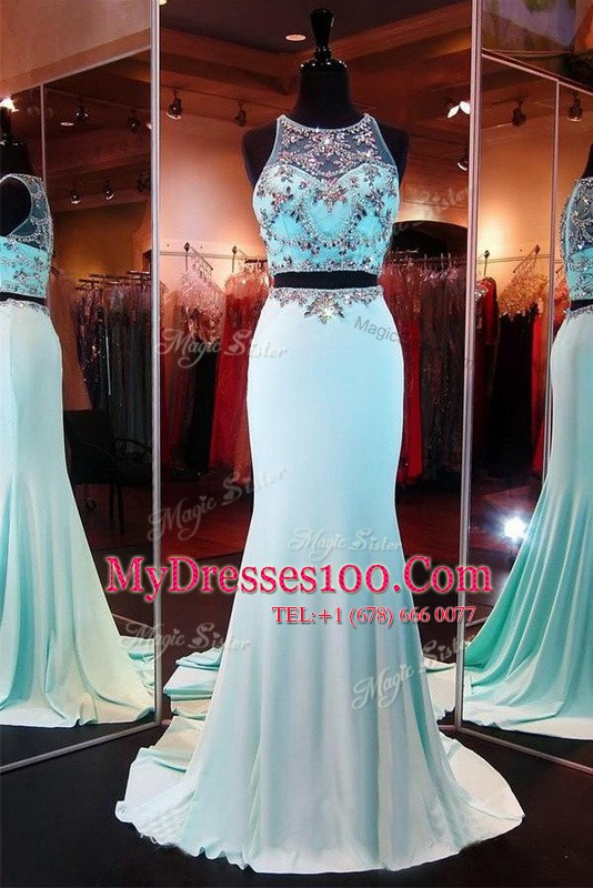 Mermaid Scoop Sleeveless With Train Beading Zipper Evening Dress with Aqua Blue Brush Train
