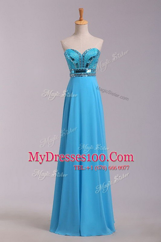 Baby Blue Empire Sweetheart Sleeveless Chiffon Floor Length Zipper Beading and Belt Prom Gown