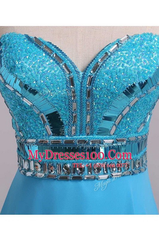 Baby Blue Empire Sweetheart Sleeveless Chiffon Floor Length Zipper Beading and Belt Prom Gown