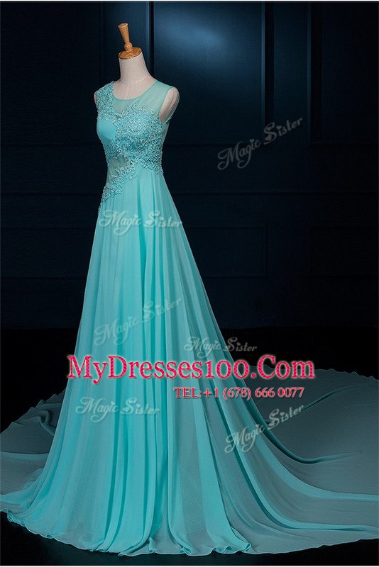 Elegant Scoop Sleeveless Chiffon With Brush Train Zipper Evening Outfits in Baby Blue with Beading and Appliques