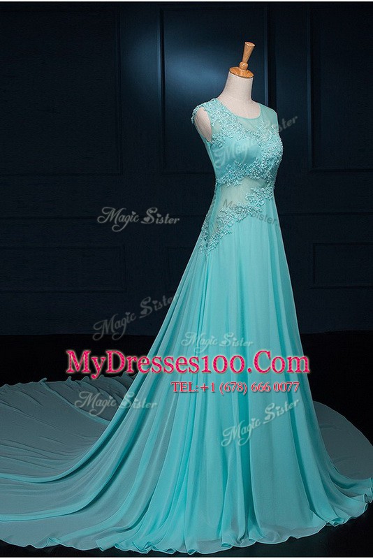 Elegant Scoop Sleeveless Chiffon With Brush Train Zipper Evening Outfits in Baby Blue with Beading and Appliques