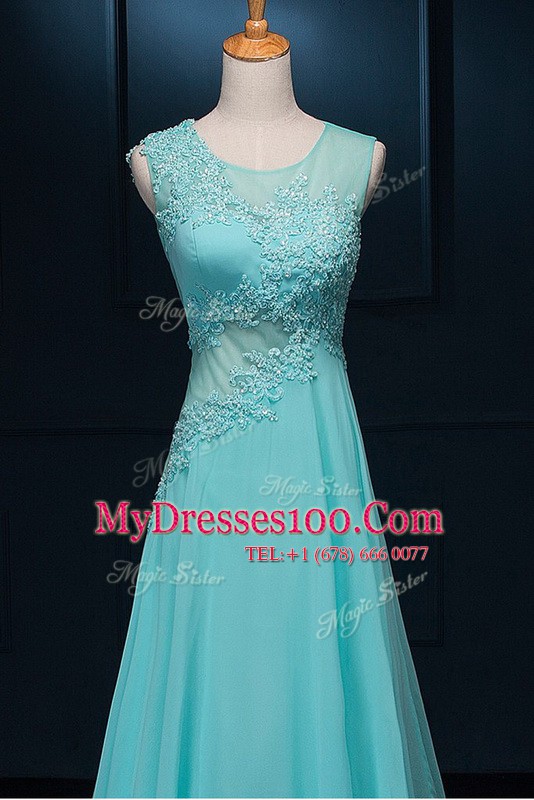 Elegant Scoop Sleeveless Chiffon With Brush Train Zipper Evening Outfits in Baby Blue with Beading and Appliques