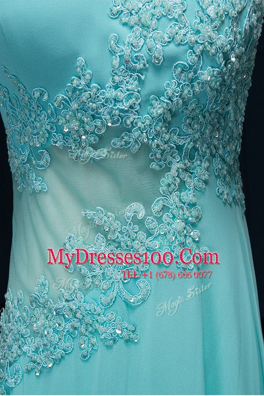 Elegant Scoop Sleeveless Chiffon With Brush Train Zipper Evening Outfits in Baby Blue with Beading and Appliques