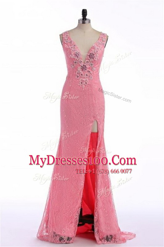 Rose Pink Organza Backless V-neck Sleeveless Prom Party Dress Sweep Train Lace and Appliques