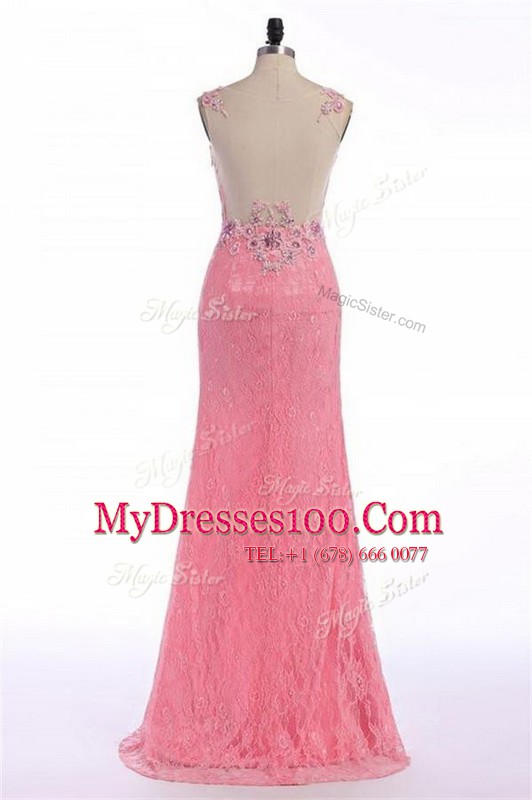Rose Pink Organza Backless V-neck Sleeveless Prom Party Dress Sweep Train Lace and Appliques