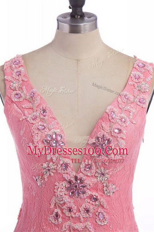 Rose Pink Organza Backless V-neck Sleeveless Prom Party Dress Sweep Train Lace and Appliques