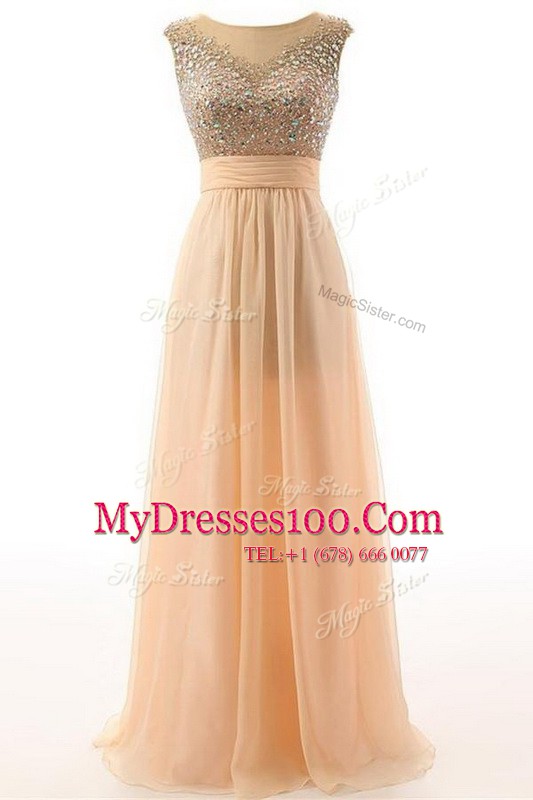 Scoop Sleeveless Floor Length Beading and Belt Backless Prom Evening Gown with Peach
