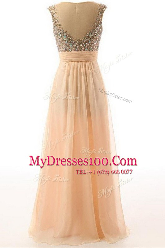 Scoop Sleeveless Floor Length Beading and Belt Backless Prom Evening Gown with Peach