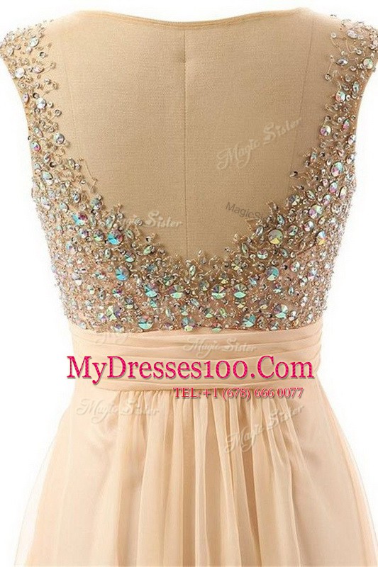 Scoop Sleeveless Floor Length Beading and Belt Backless Prom Evening Gown with Peach