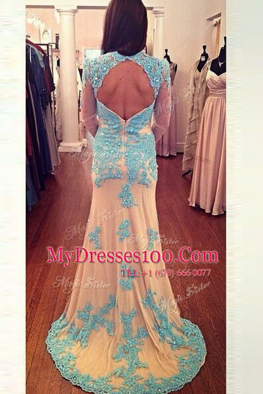 Long Sleeves Brush Train Zipper With Train Beading Prom Gown