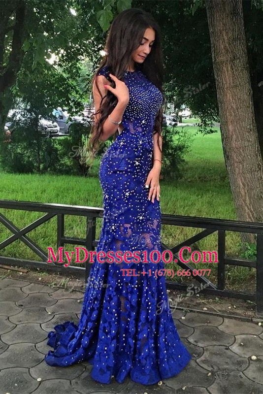 Mermaid Scoop Sleeveless Brush Train Backless With Train Beading and Lace Homecoming Dress