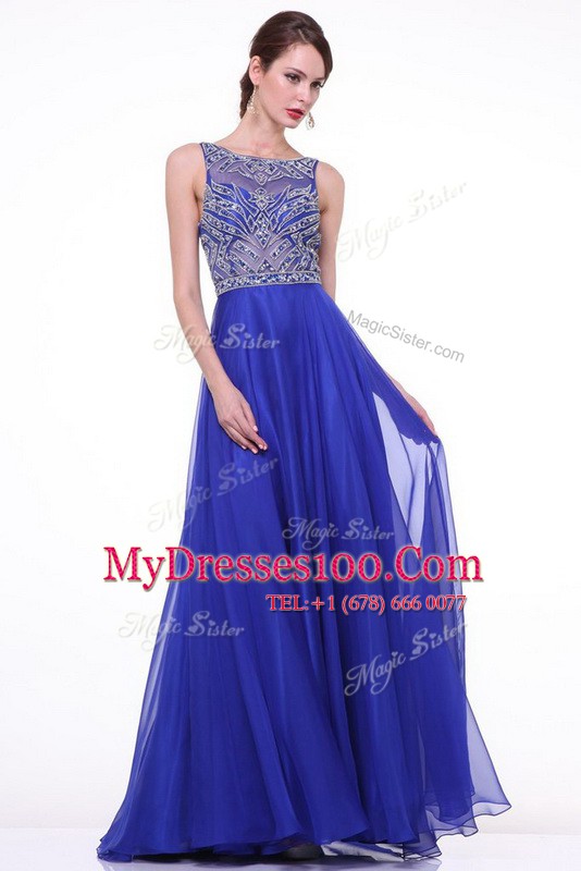 Royal Blue Zipper Homecoming Dress Beading and Ruching Sleeveless With Brush Train