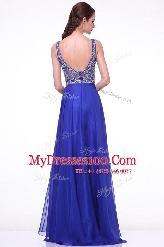 Royal Blue Zipper Homecoming Dress Beading and Ruching Sleeveless With Brush Train