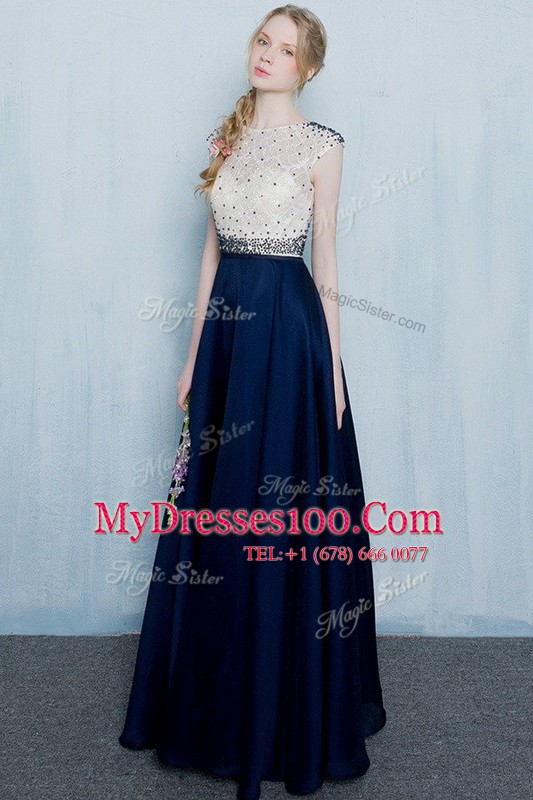 Fashion Chiffon Scoop Cap Sleeves Zipper Beading and Ruching Womens Evening Dresses in Navy Blue